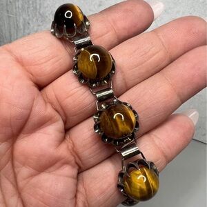 Vtg sterling silver tiger’s eye cabochon bracelet natural stone scalloped bezel